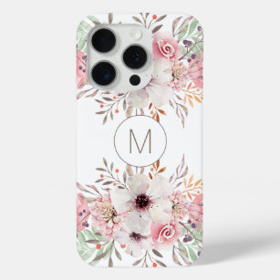 Coque iPhone 15 Pro Floral d'aquarelle rose monogramme moderne