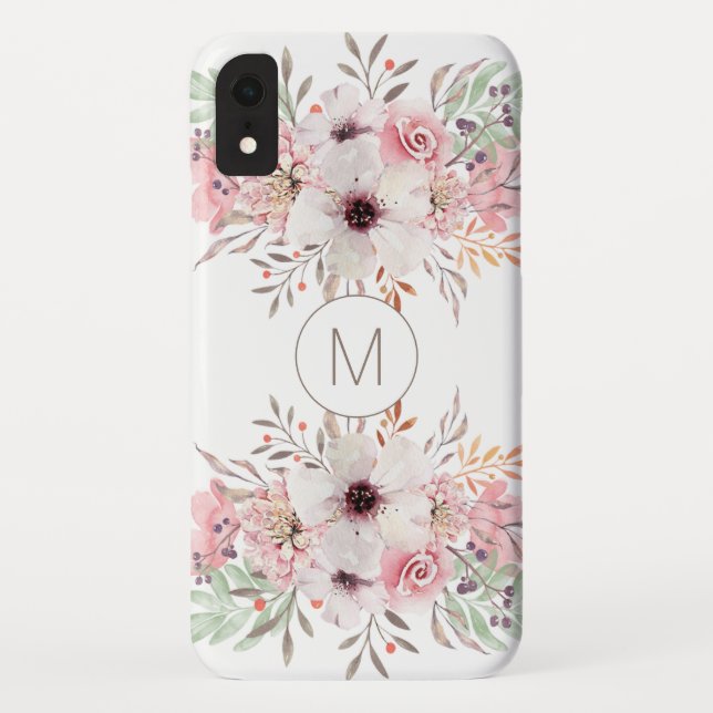 Case-Mate iPhone Case Floral d'aquarelle rose monogramme moderne (Dos)