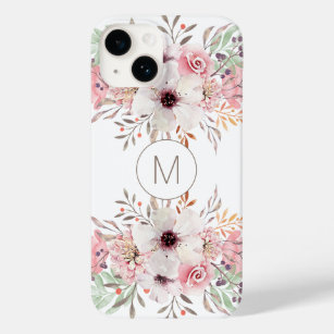 Coque Pour iPhone 14 Floral d'aquarelle rose monogramme moderne
