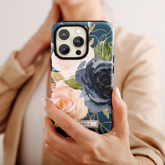 Case-Mate iPhone Case Flush et Navy Flowers | Nom personnalisé bleu