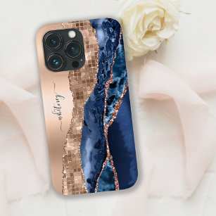 Case-Mate iPhone Case Indigo Blue Agate Geode & Rose Gold Leaf Modern