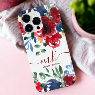 Coque iPhone 15 Pro monogramme d'aquarelle fleurie rouge rustique