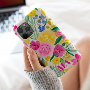 Coque iPhone 15 Pro monogramme d'aquarelle florale jaune rose-poule gr