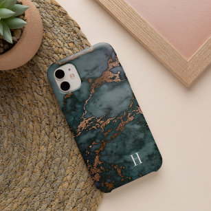 Case-Mate iPhone Case Monogramme en marbre Turquoise foncé et cuivre