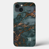 Case-Mate iPhone Case Monogramme en marbre Turquoise foncé et cuivre (Back)