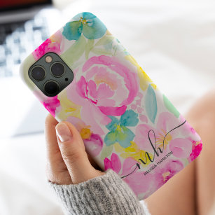 Coque Pour iPhone 14 monogramme floral souple rose girly moderne