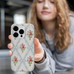 Case-Mate iPhone Case Rose Victorian Roses w/Blue Ribbon Lattice<br><div class="desc">Pretty Victorian rose bouquets with diagonal lattice of pale blue ribbons and bows on soft eggshell background with subtle gray dots. Design is seamless and scalable.</div>