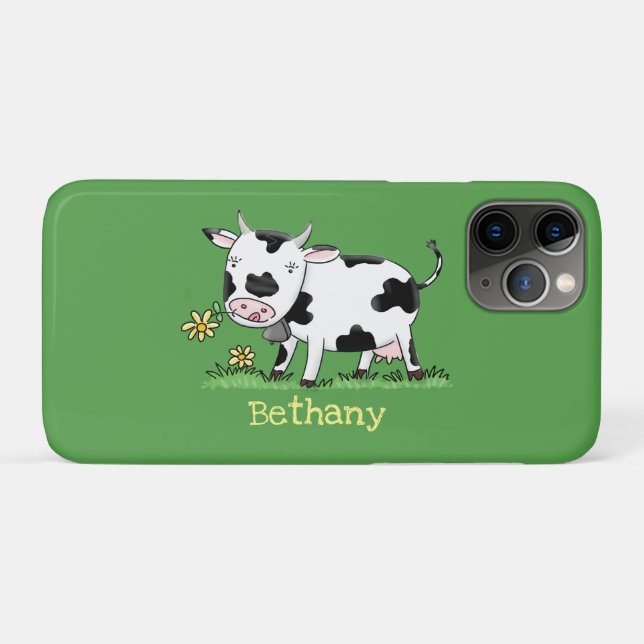 Case-Mate iPhone Case Vache mignonne en vert dessin animé sur le terrain (Dos (Horizontal))