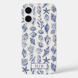 iPhone 16 Coques de mer marine bleu croquis Monogramme