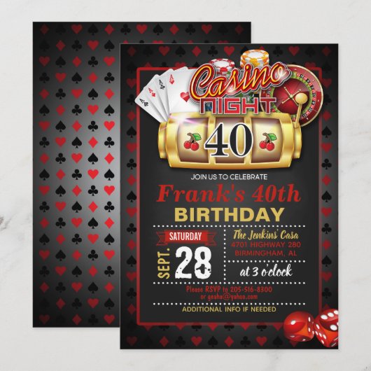 Casino 40th Birthday Invitation Kaart (Voorkant / Achterkant)