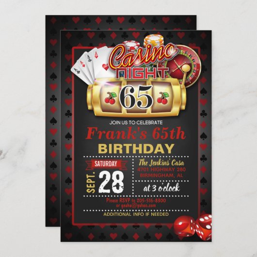 Casino 65th Birthday Invitation Kaart (Voorkant / Achterkant)