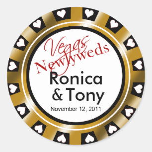 Casino Chip Passen getrouwd in Black & Gold Vegas Ronde Sticker
