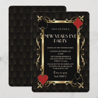Casino Night Gold Art Deco New Years Eve Party Kaart