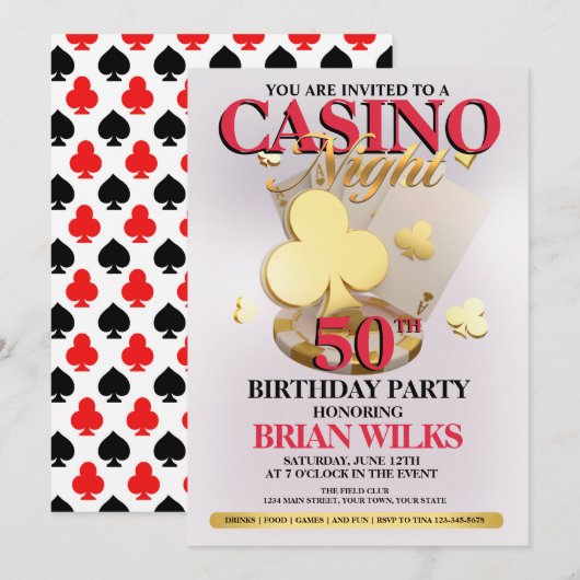 Casino Nuit Anniversaire Fête Invitation (Devant / Derrière)