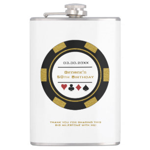 Casino Poker Chip Black Gold White Birthday Flask Heupfles