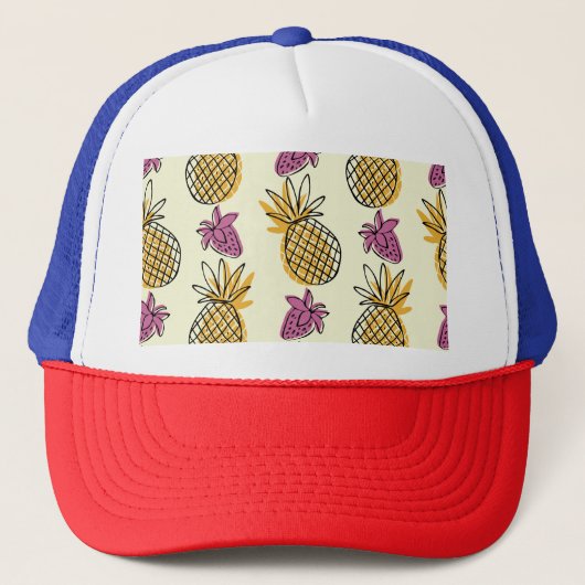 Casquette Ananas, fraise design textile vintage. (Devant)