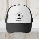 Casquette Ancre de bateau moderne Monogramme noir<br><div class="desc">Casquette noir moderne sur le thème nautique avec une illustration d'une ancre dans un cercle et le nom de votre bateau dans une simple typographie.</div>