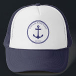 Casquette Ancre nautique Nom du capitaine ou du bateau bleu<br><div class="desc">Ce design nautique dispose d'une ancre avec espace pour votre propre texte personnel ! Cliquez sur le bouton personnaliser pour plus de flexibilité dans la modification/ajout de texte et d'éléments de conception ! Des variantes de cette conception ainsi que des produits de coordination sont disponibles dans notre boutique, zazzle.com/store/doodlelulu. Contactez-nous...</div>