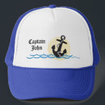 Casquette Ancre, Sun et capitaine personnalisé pareau<br><div class="desc">Ce casquette comporte un graphique d'une ancre avec une corde,  un soleil rayé jaune et blanc et plusieurs lignes des vagues d'eau bleue. Le texte personnalisable lit : Capitaine John. C'est un cadeau parfait pour un propriétaire de bateau.</div>