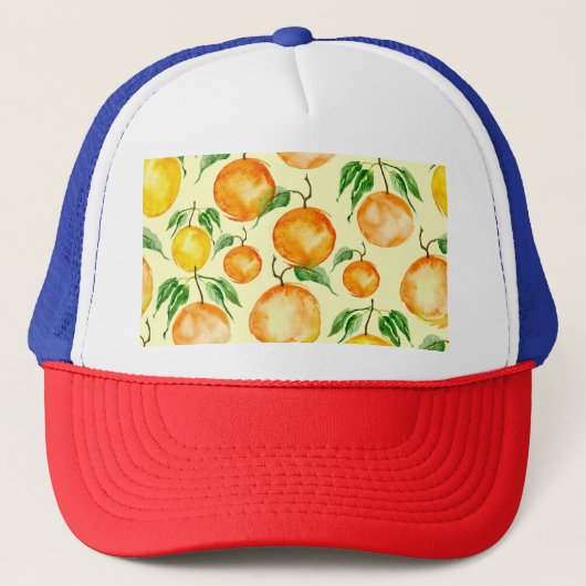 Casquette Aquarelle agrumes, motif tropical. (Devant)