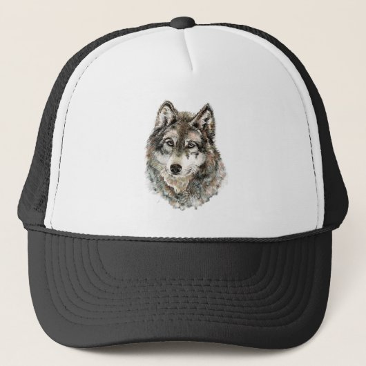 Casquette Aquarelle Gris Loup Loups Faune Nature Art (Devant)