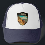 Casquette Badge d'aquarelle du port du bar du parc national<br><div class="desc">Ameublement d'aquarelle numérique Acadia. Le parc national Acadia se trouve principalement sur l'île du désert du mont du Maine. Son paysage est marqué par des bois,  des plages rocheuses et des pics de granit sculptés par des glaciers comme le mont Cadillac.</div>