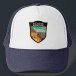 Casquette Badge d'aquarelle du port du bar du parc national<br><div class="desc">Ameublement d'aquarelle numérique Acadia. Le parc national Acadia se trouve principalement sur l'île du désert du mont du Maine. Son paysage est marqué par des bois,  des plages rocheuses et des pics de granit sculptés par des glaciers comme le mont Cadillac.</div>