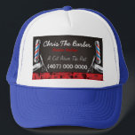 Casquette Barbershop Barber pole and clippers Trucker Hat<br><div class="desc">This is a CUSTOMIZABLE barber/barbershop trucker hat design. The design is represented by barbershop colors of blue and red. All artwork was created and illustrated by Dale Arthur of whizcreations.net.</div>