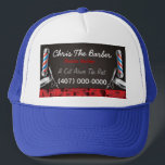 Casquette Barbershop Barber pole and clippers Trucker Hat<br><div class="desc">This is a CUSTOMIZABLE barber/barbershop trucker hat design. The design is represented by barbershop colors of blue and red. All artwork was created and illustrated by Dale Arthur of whizcreations.net.</div>