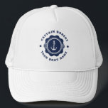 Casquette Bateau marine bleu et blanc roue et ancre<br><div class="desc">Elégante roue et ancre marine blanche et bleu marine vintage avec typographie marine personnalisable.</div>