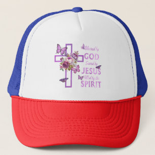 Casquette Béni par Dieu sauvé par Jésus Croix Florale pourpr