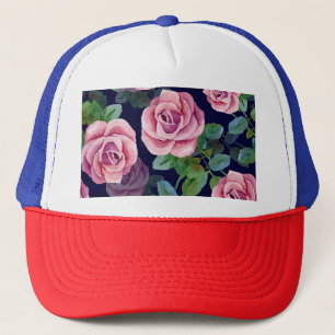 Casquette Bleu foncé, Roses Roses Rose Aquarelle.