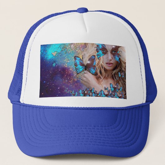 CASQUETTE BLUE BUTTERFLY WITH GREEN GOLD SPARKLES (Devant)