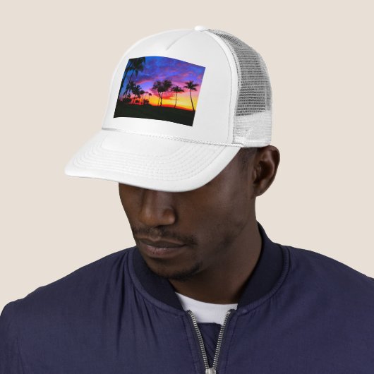 Casquette Blue Red Sunset Exotic Hawaiian Beach Palm Trees (En situation)