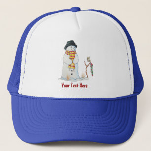 Casquette bonhomme de neige souriant sur la scène de neige n