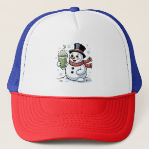 Casquette Bonhomme de neige tenant une boisson au matcha Noë