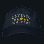 Casquette Brodée Capitaine nautique Nom du bateau Gold Stars Marine<br><div class="desc">Voilier en style avec un casquette brodé personnalisé avec votre grade de capitaine ou autre titre désiré avec votre nom ou nom de bateau et cinq étoiles d'or. Plusieurs couleurs de casquette et de fil à choisir. Fait un grand cadeau personnalisé pour la Fête des pères, les anniversaires ou toute...</div>