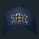 Casquette Brodée Capitaine nautique Nom du bateau Marine Blue Gold<br><div class="desc">Voilier en style avec un casquette brodé personnalisé avec votre grade de capitaine ou autre titre désiré avec votre nom ou nom de bateau en argent et cinq étoiles d'or. Plusieurs couleurs de casquette et de fil à choisir. Fait un grand cadeau personnalisé pour la Fête des pères, les anniversaires...</div>