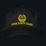 Casquette Brodée Capitaines de voiliers personnalisés<br><div class="desc">Nom du bateau personnalisé avec ancre nautique jaune et feuille de laurier capitaines de voile casquette avec motif d'ancre brodé et votre nom de voilier ou bateau à moteur personnalisé, Customisez le jaune doré du texte broderie pour coordonner avec la couleur de votre casquette Visitez le magasin CUSTOMTHREADS STORE pour...</div>