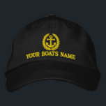 Casquette Brodée Capitaines de voiliers personnalisés<br><div class="desc">Nom du bateau personnalisé avec ancre nautique jaune et feuille de laurier capitaines de voile casquette avec motif d'ancre brodé et votre nom de voilier ou bateau à moteur personnalisé, Customisez le jaune doré du texte broderie pour coordonner avec la couleur de votre casquette Visitez le magasin CUSTOMTHREADS STORE pour...</div>
