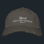 Casquette Brodée Drôle officiel de la bière Pong Champion du jeu de<br><div class="desc">Le casquette idéal pour tous ceux qui aiment jouer au bières. Ce casquette de baseball drôle présente les mots "Champion officiel de Beer Pong" et votre nom personnalisé ci-dessous (ou remplacer par votre libellé). Modifiez facilement la couleur du texte et du casquette. Que vous soyez un novice ou un champion,...</div>