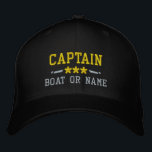 Casquette Brodée Nom du bateau Capitaine Stars nautiques Or Argent<br><div class="desc">Voilier en style avec un noir personnalisé avec casquette brodé or et argent avec votre grade de capitaine ou autre titre, votre nom ou nom de bateau et étoiles. Plusieurs couleurs de casquette et de fil à choisir. Fait un grand cadeau personnalisé pour la Fête des pères, la fête des...</div>