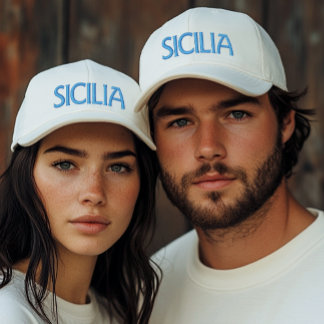 Casquette Brodée Sicilia (or Sicily) White Cap with Blue Embroidery