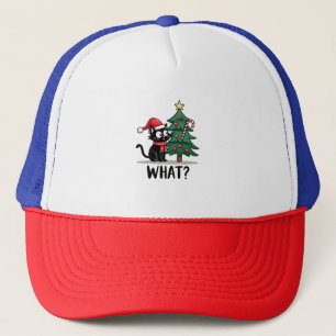 Casquette Cadeau drôle de chat noir poussant l'arbre de Noël