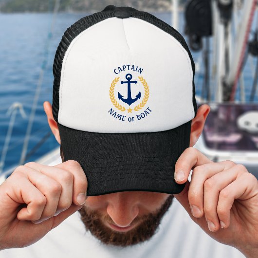 Casquette Capitaine Votre nom de bateau Ancre Gold Laurel St
