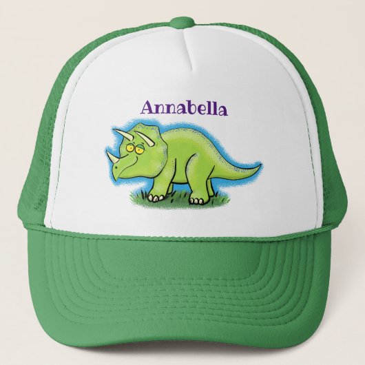Casquette Caricature de dinosaure de triceratops vert mignon (Devant)