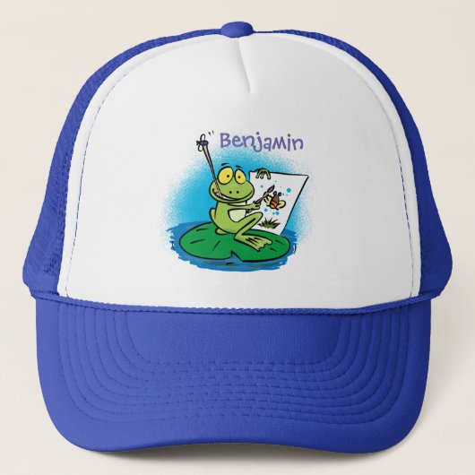 Casquette Caricature drôle de grenouille verte dessin d'illu (Devant)