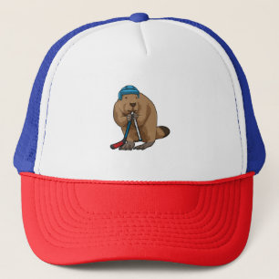 Casquette Castor au hockey sur glace avec bâton de hockey su