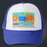 Casquette Chapeau de camion Retro Pool Party<br><div class="desc">Entrez ! L'eau est correcte ! Ce chapeau de Trucker Retro Pool Party présente un dessin animé animé animé d'une soirée de billard amusante et sophistiquée. Le design moderne du milieu du siècle s'articule autour d'une piscine ronde sur un grand patio gris en béton. La piscine est remplie d'eau turquoise....</div>