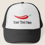 Casquette Chapeau de camionneur de piment rouge épicé<br><div class="desc">Chapeau de camionneur de piment rouge épicé sur mesure. Conception de nourriture épicée avec modèle de typographie vintage. Ajoutez votre propre nom,  monogramme ou citation amusante / disant. Idée cadeau personnalisée pour hommes et femmes. Casquette noir et blanc. Amusant pour le concours de nourriture épicée.</div>